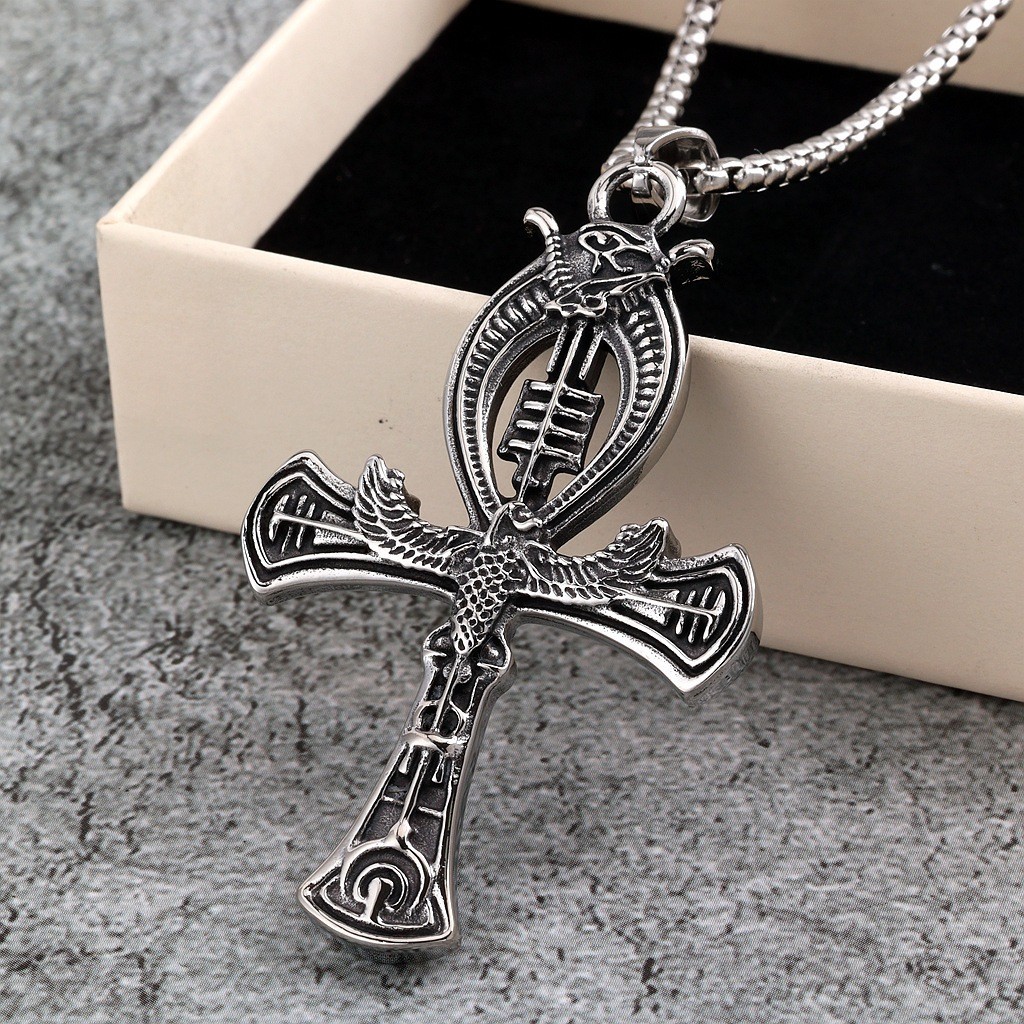 Stainless steel men’s double-sided anklet cross pendant necklace
