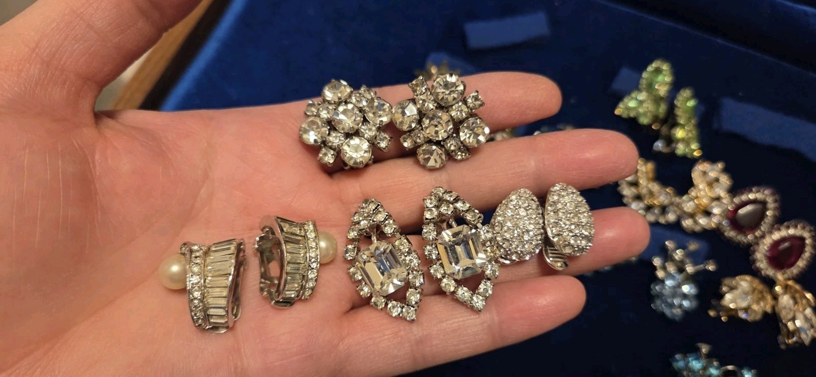 Vintage Rhinestone Earrings Lot Of 27. 12 Signed Monet Weiss Hobe Trifari Kramer