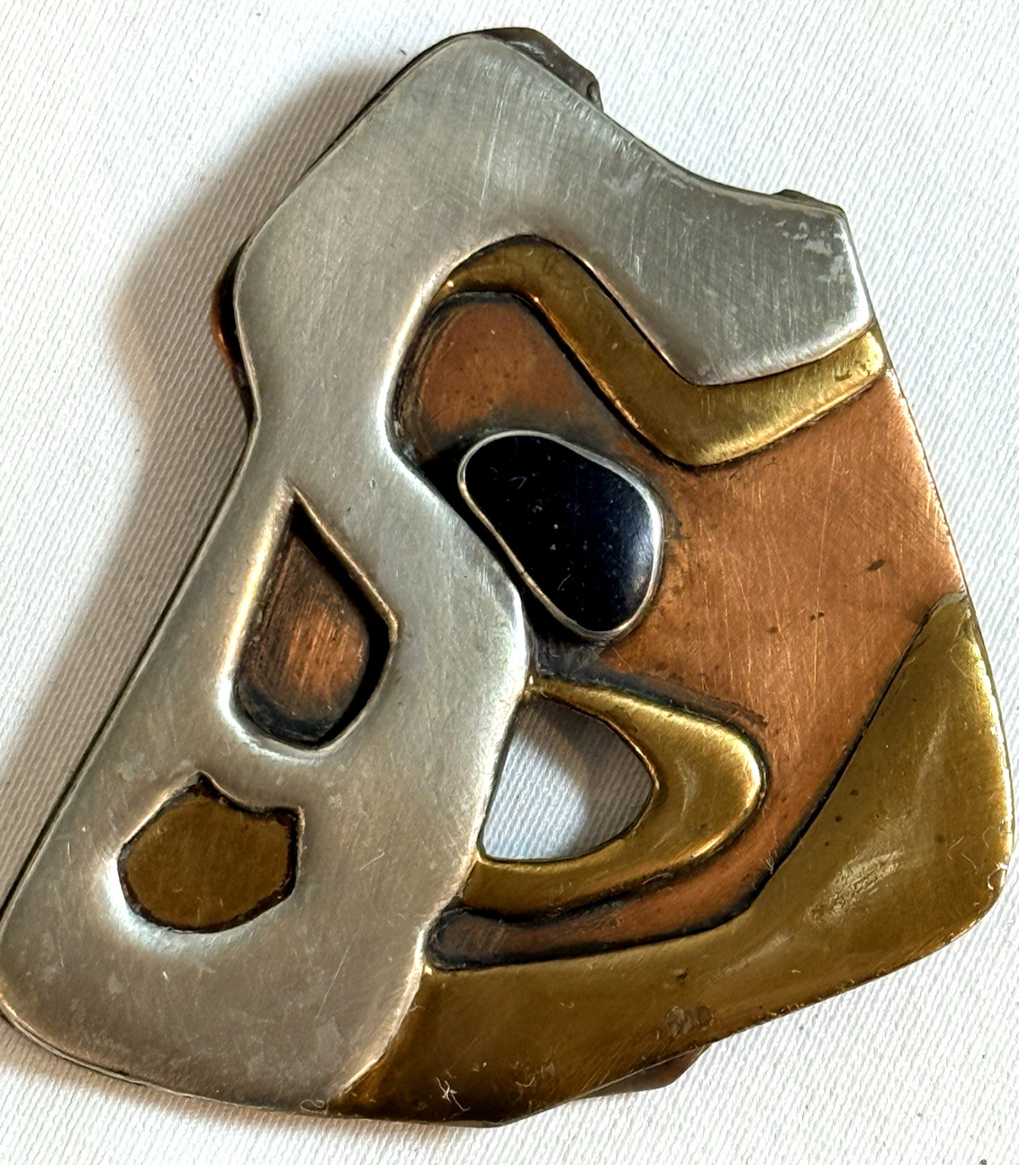Large Vintage Modernist Brutalist Studio Brooch – Abstract Mixed Metals, Onyx