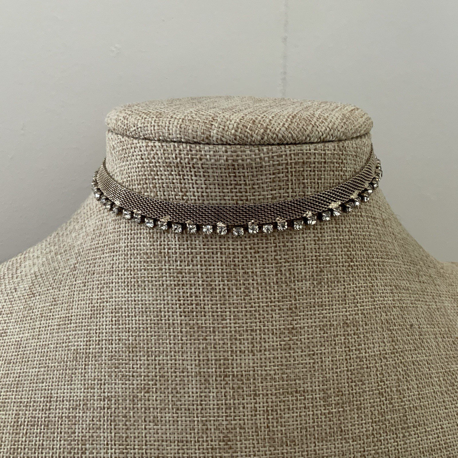 Vintage Rhinestone Mesh Choker Necklace Gold Tone Minimal Sparkle 50s