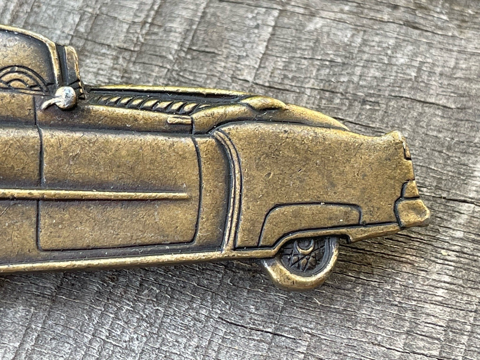 VTG 1950s Cadillac convertible brooch/pin metal alloy dark bronze color 3 1/8 L