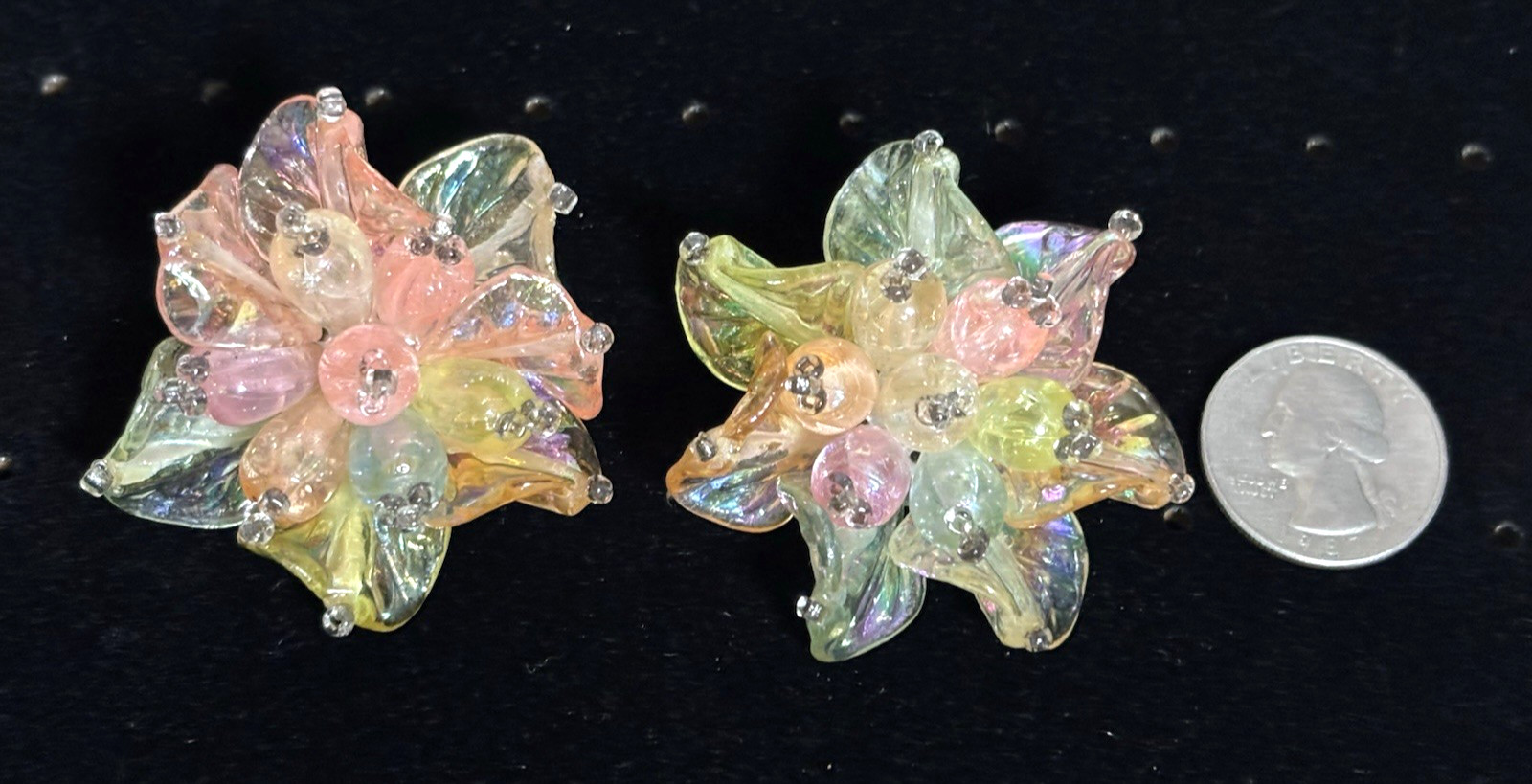 Vtg Acrylic Resin Big Flower Petal Pastel Shiny Statement Clip Earrings 1.75″