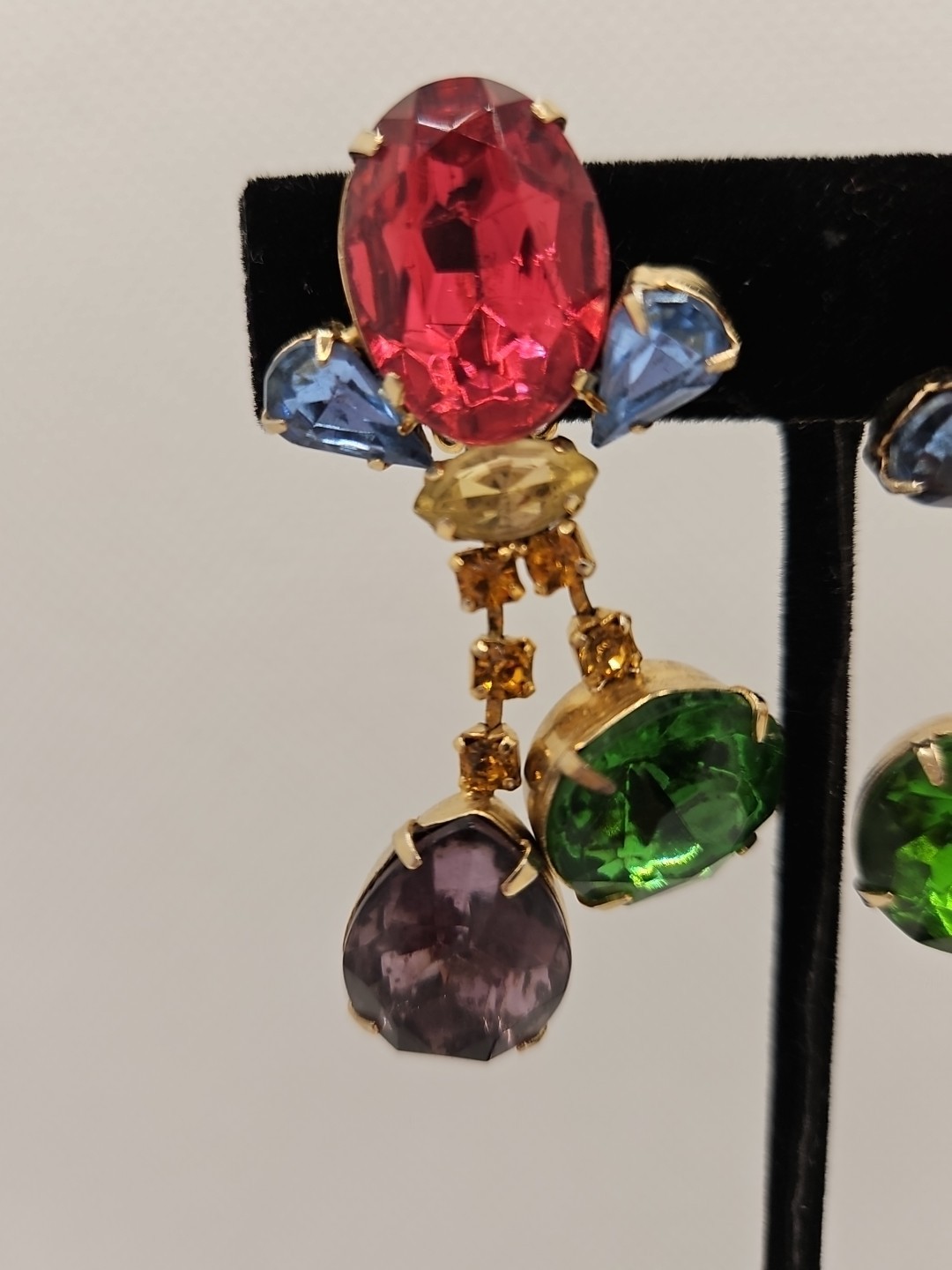 Vintage Chandelier Large Brooch & Earrings Multicolor Rhinestones Set