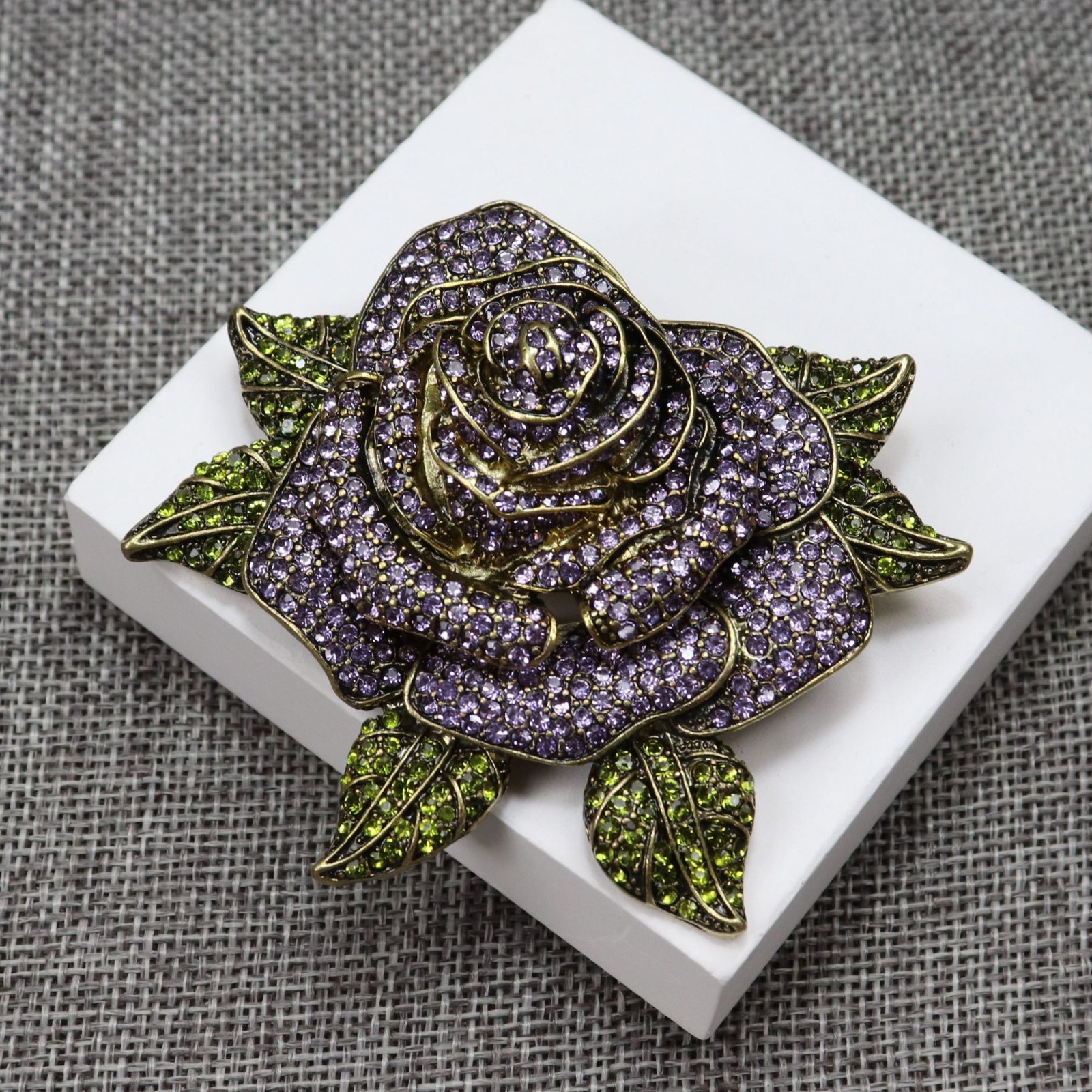 Heidi Daus Rhinestone Rose Brooch Purple Green Crystal Antique Bronze Floral Pin