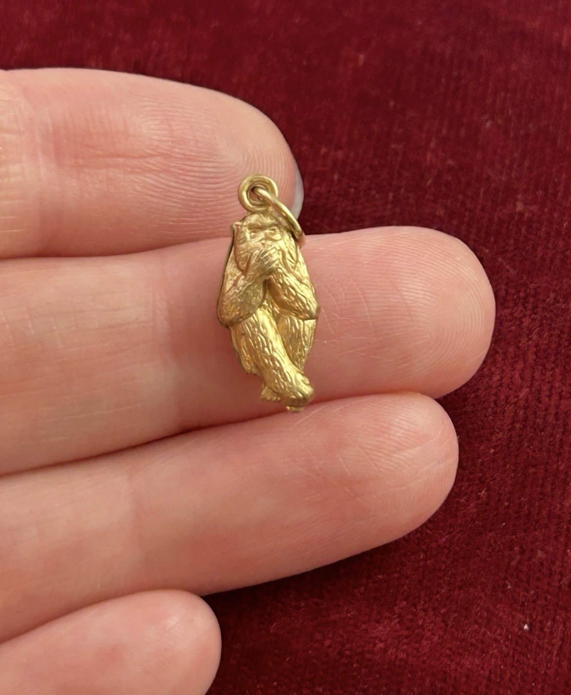 Vintage Charm Speak No Evil Monkey Necklace Pendant Puffy Brass Metal Jewelry