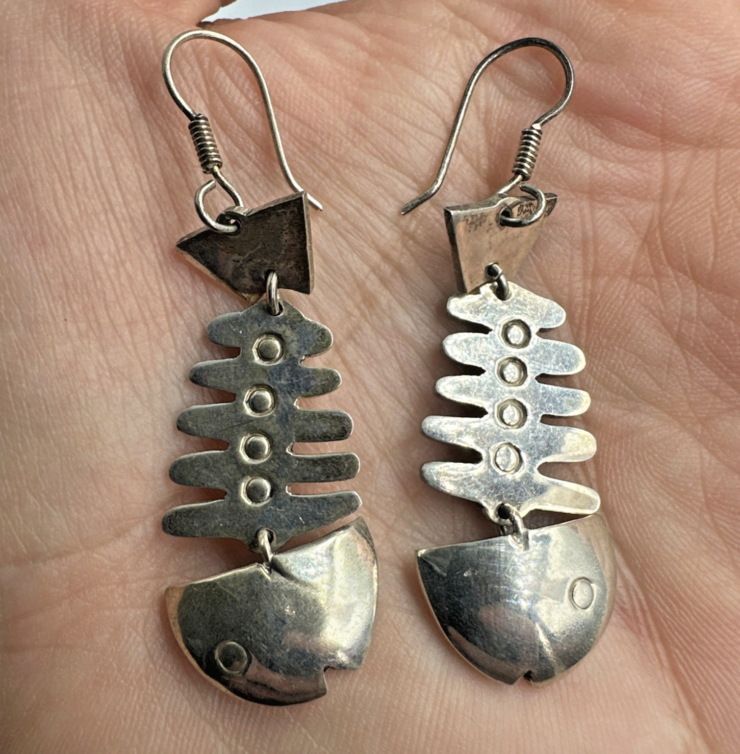 Vtg Taxco Sterling Silver Articulated Skeleton Bone Fish Dangle Earrings 15.9g