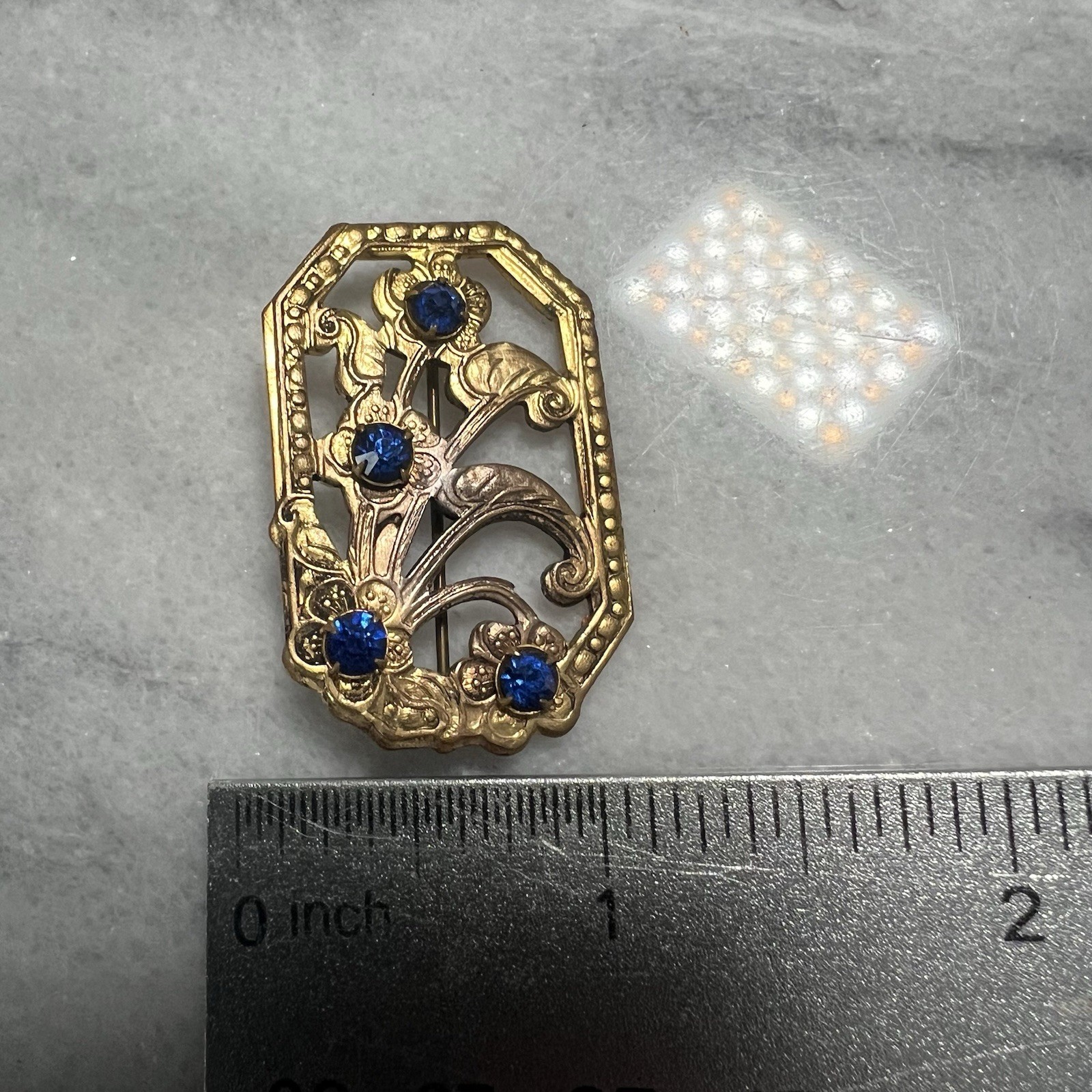 Art Deco Rectangle Floral Openwork Flower Brooch Rhinestones Antique Vtg Old Pin