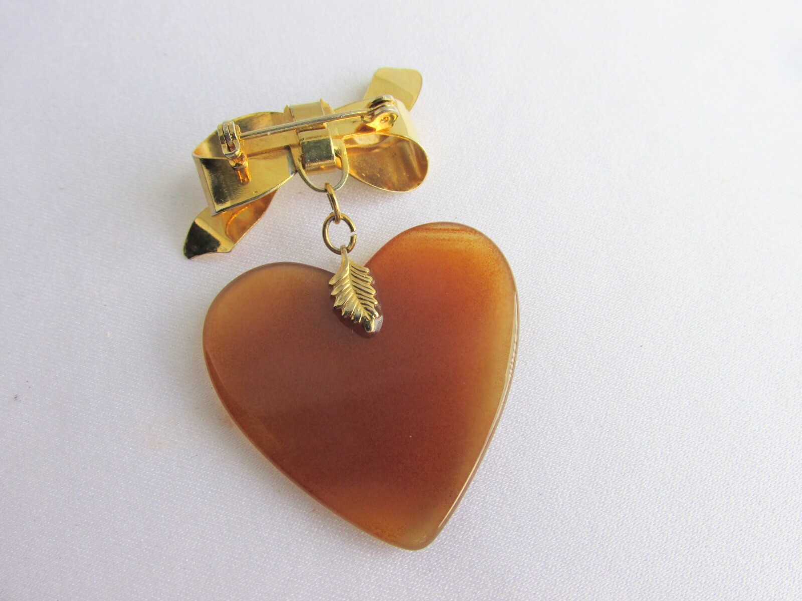 Vintage Carnelian Heart Dangling Bow Pin Gold Plate Translucent Stone