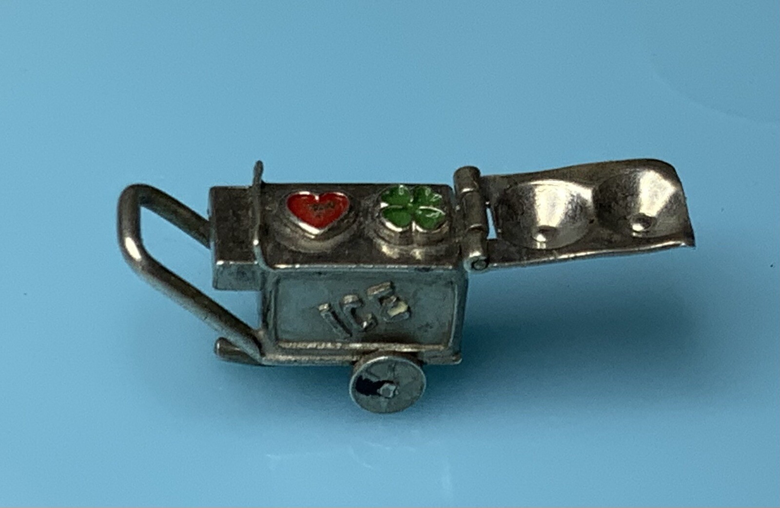 Vintage Sterling 3D Movable Love & Luck Enamel Ice Cream Cart Bracelet Charm 1.5