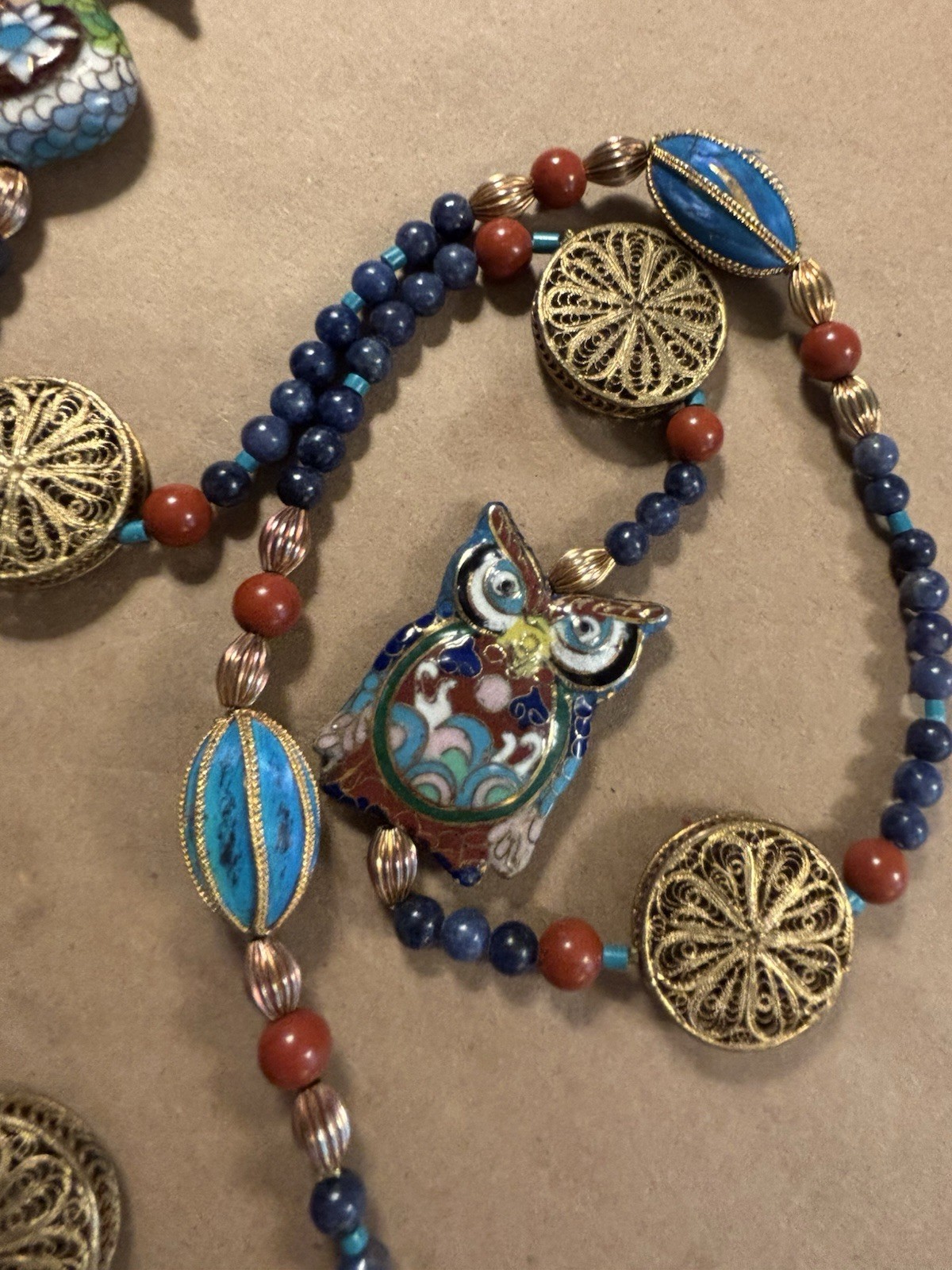 Vintage Cloisonne & Brass Necklace w/ Owl & Duck Pendant Boho Statement EUC