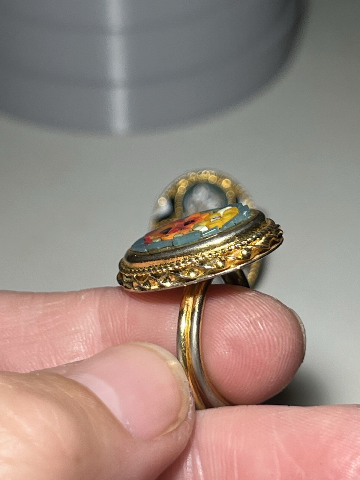 Two Vintage Italian Micro Mosaic Floral Chipped Glass Adjustable Rings