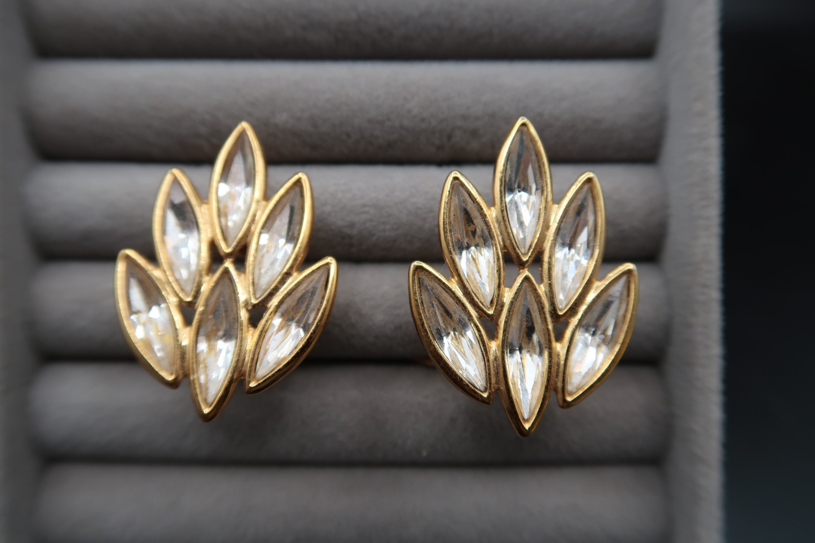 Vtg Yves Saint Laurent Spiked Leaf Design Crystal Earrings Signed Beautiful