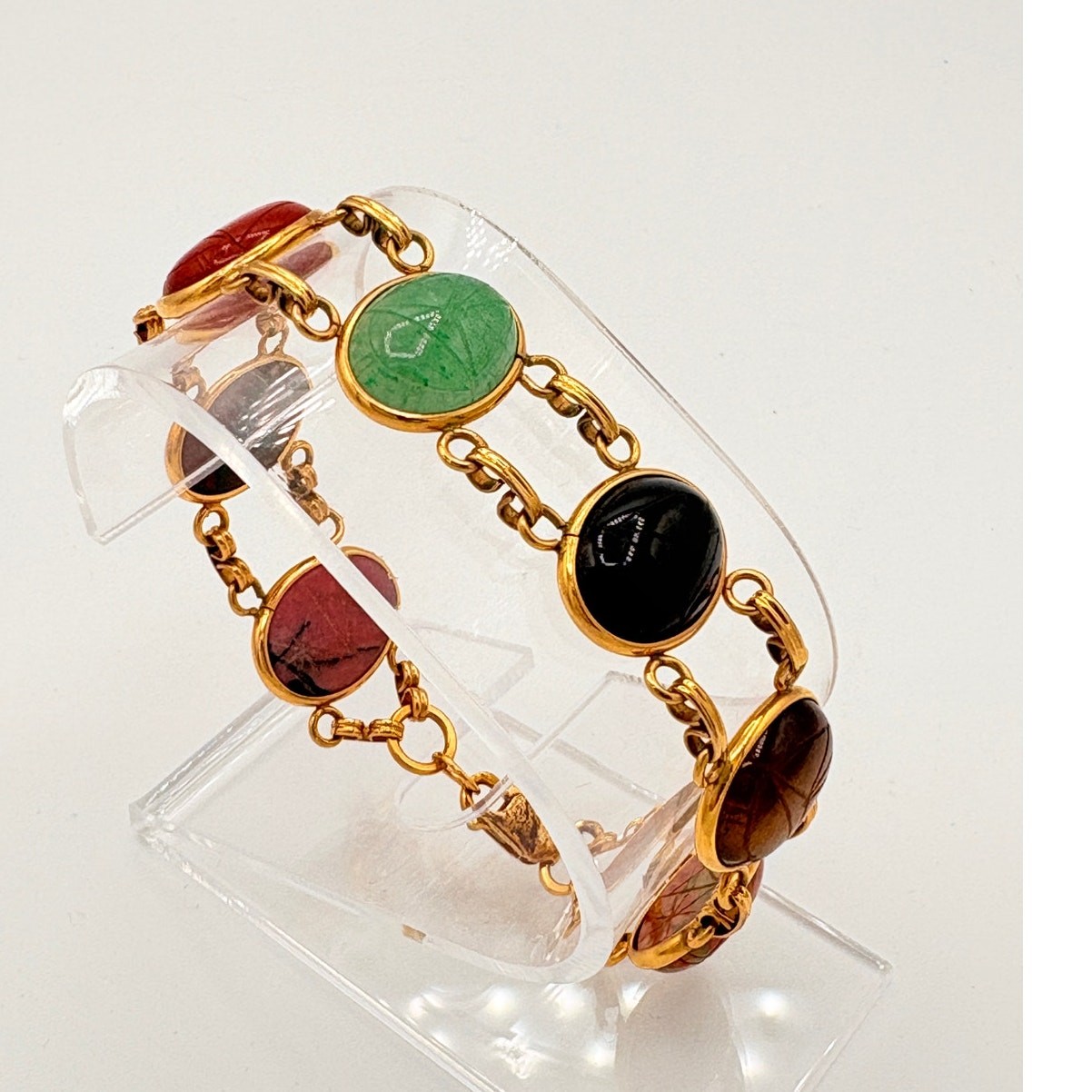 Vintage Hand‑Carved Natural Stone Scarab Bracelet, Egyptian Revival, Collectible