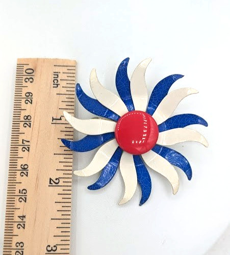 Vintage Red White Blue Enamel Flower Brooch Patriotic Americana Pin