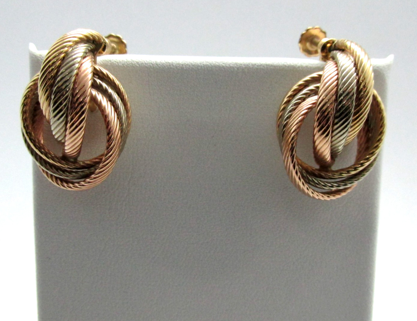 14K Gold Filled Tri Tone Knot Screw Back Earrings Classic Style 1″ -5.8 Grams