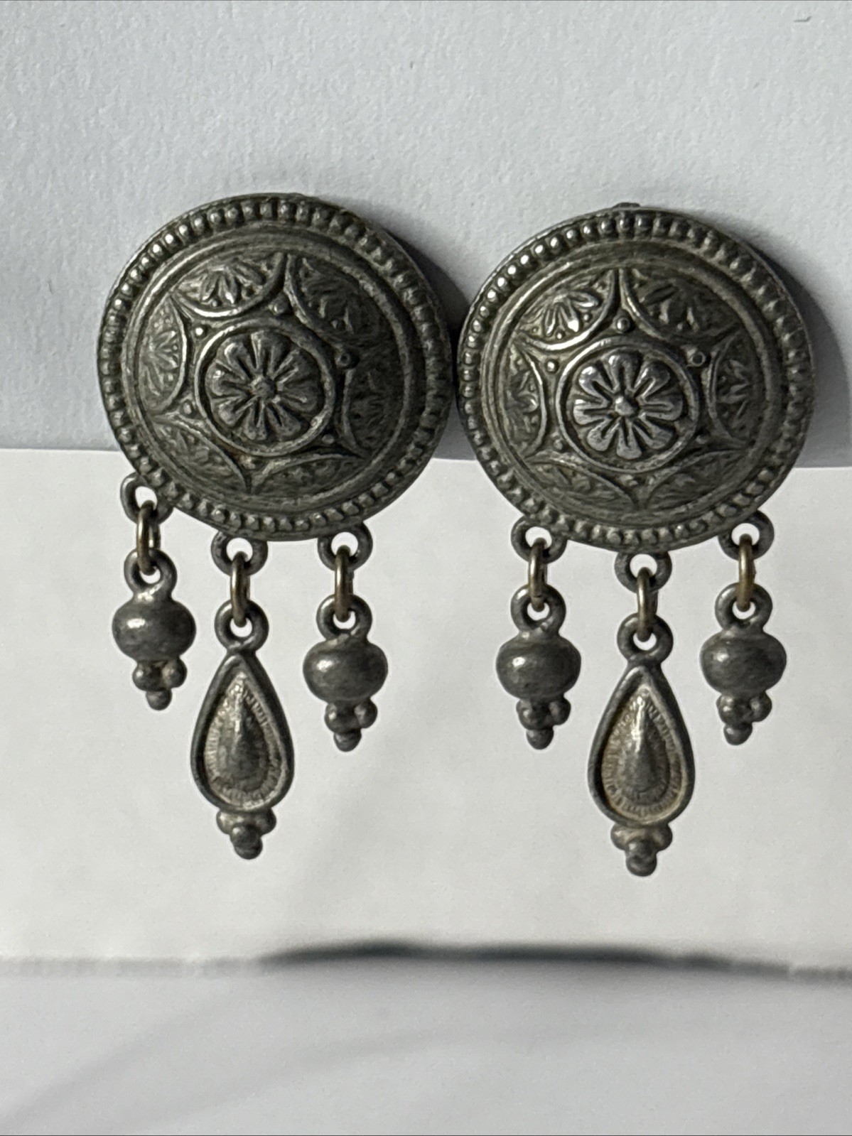 Ben Amun Signed Silver Tone Engraved Medallion Earrings W Three Teardrop Dangles