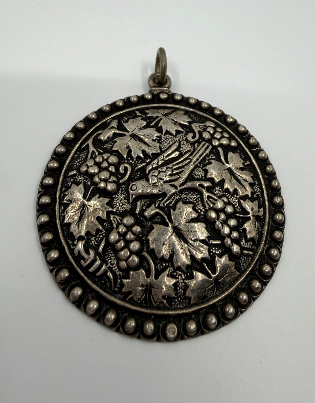 .800Silver Vtg Scandonavian Pendant Intricate Large Bird GrapeCluster Leaf Motif