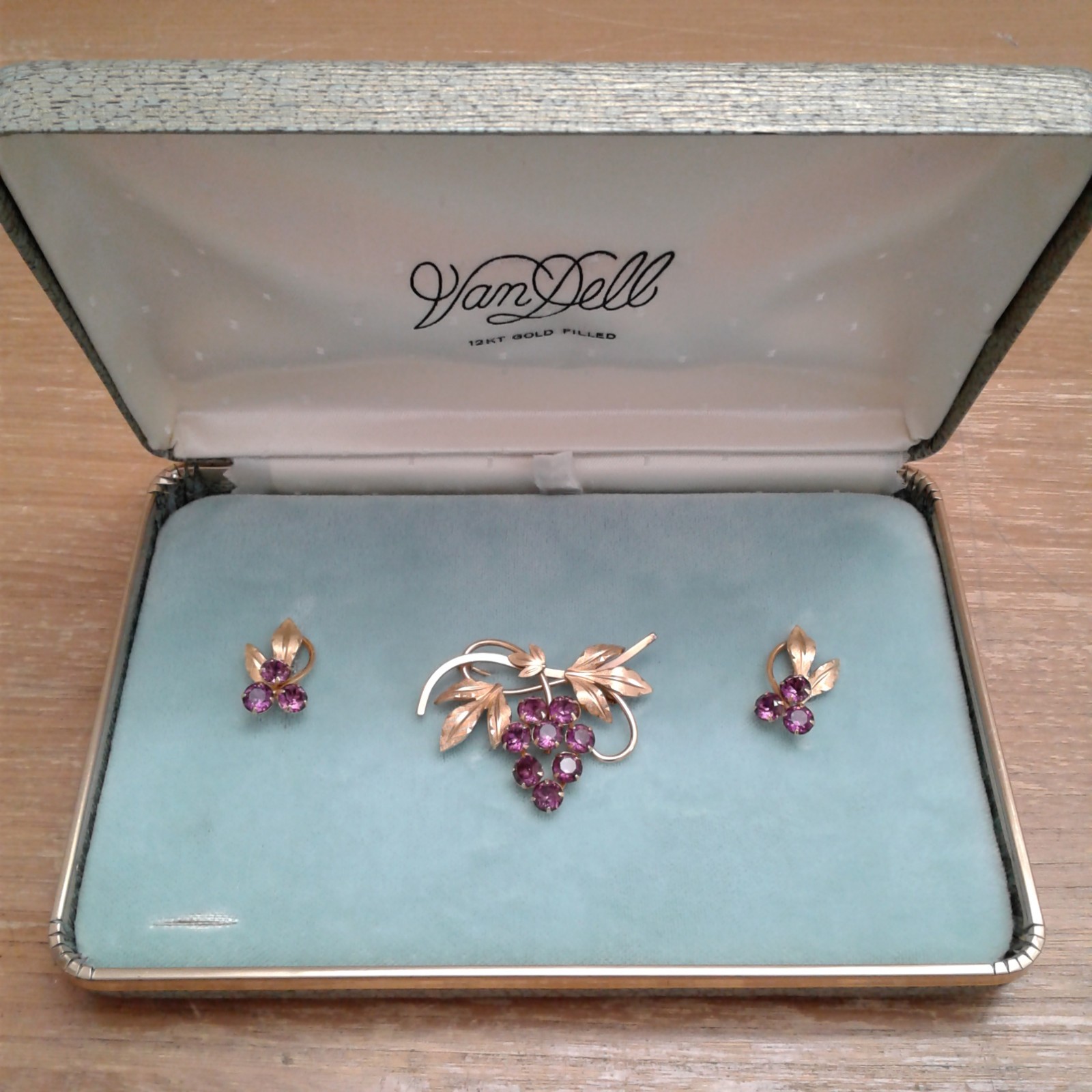 Vintage Amethyst Van Dell 12kt Goldfilled Pin and Earrings Set in Original Box