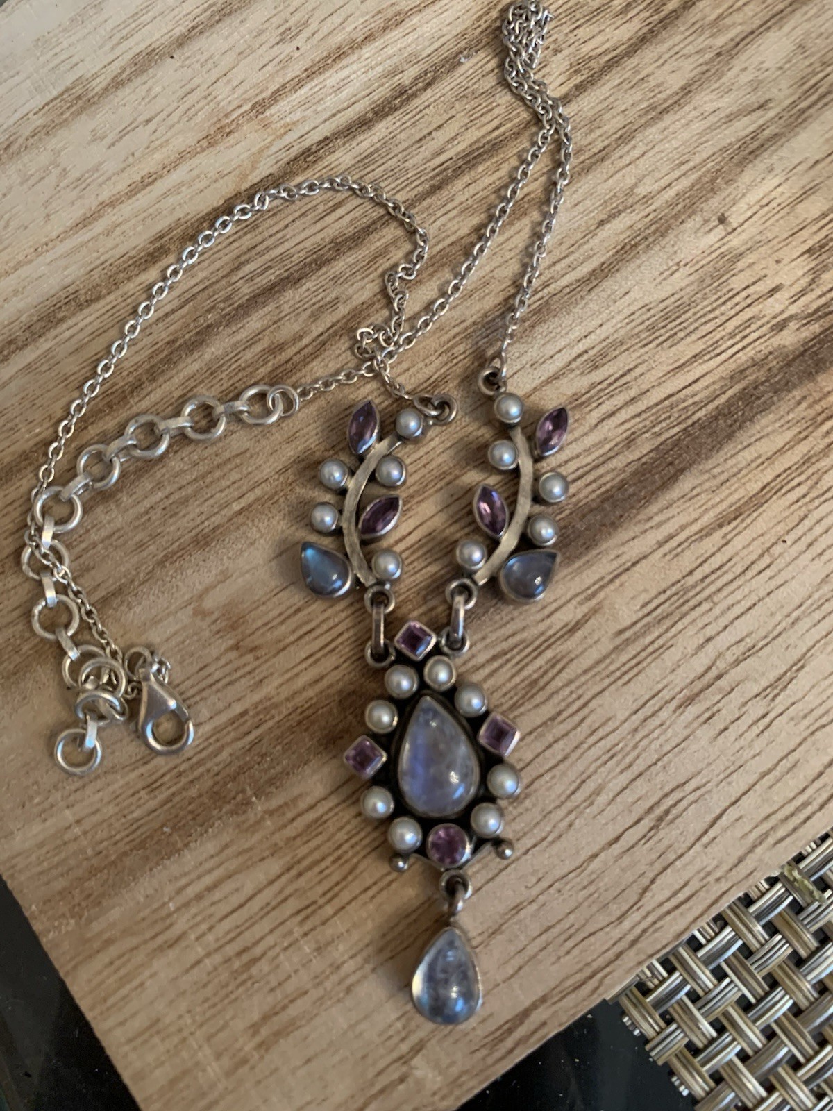 Sterling multi gem necklace vintage made in India. rare. Amethyst, moonstone