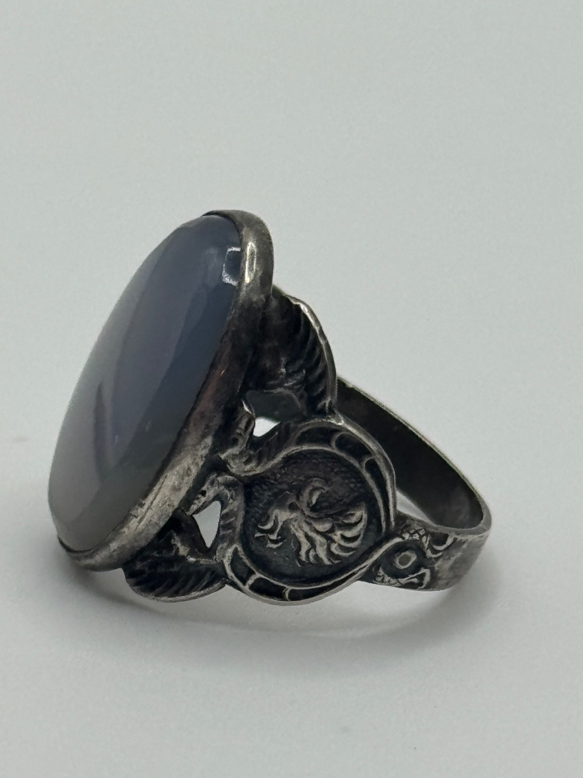 Vintage Art Deco Egyptian Revival Sterling Silver Chalcedony Ring Size 5.5