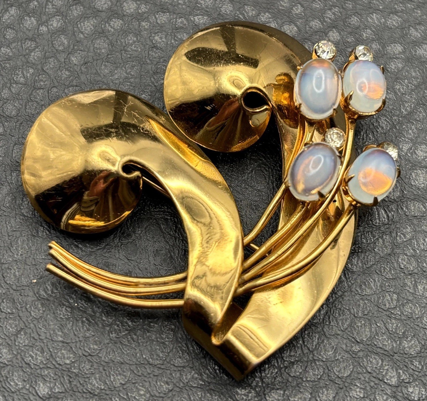 Vintage Coro Pegasus Faux Opal Glass Rhinestone Floral Brooch Modernist