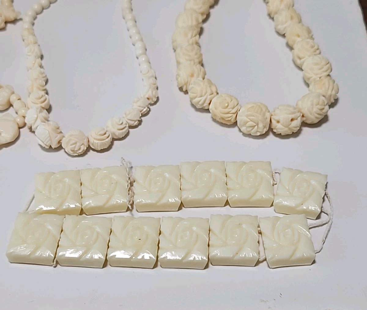 Vtg LOT Graduated Carved Rose Bead Elephant Necklaces Krememtz Rose Brooch ERs +