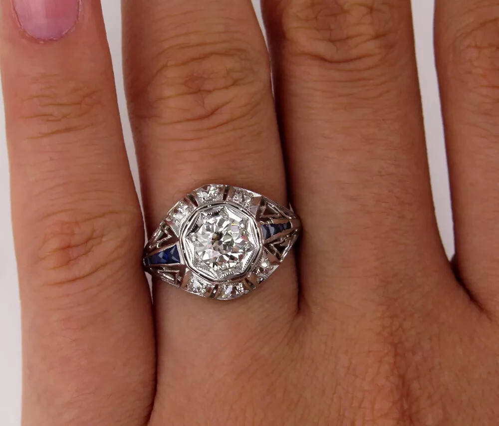 Art Deco 4Ct Lab Created Diamond & Sapphire 14K White Gold FN Engagement Ring