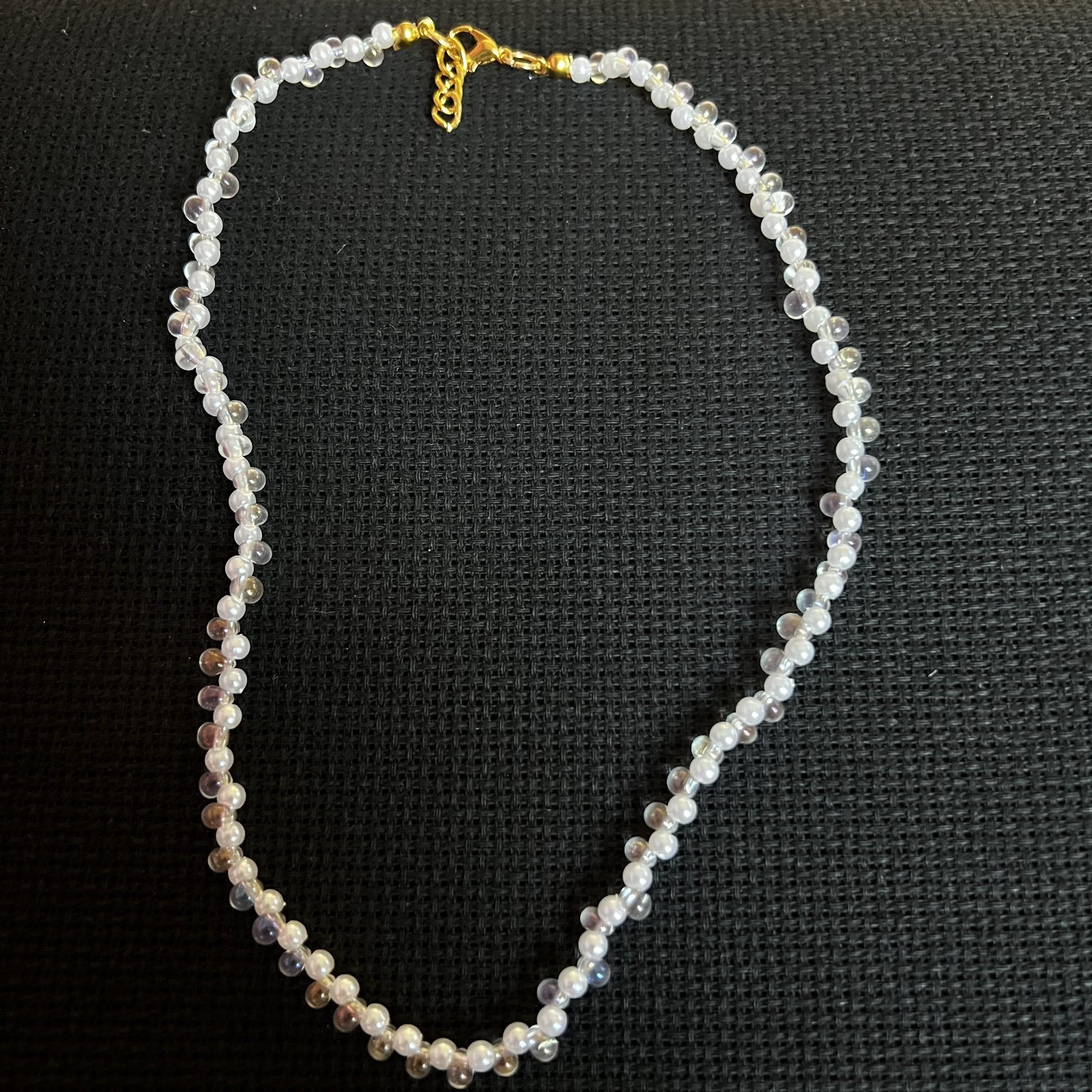 Handmade fauxpearl clear glass deaded necklace gold tone clasp choker strand