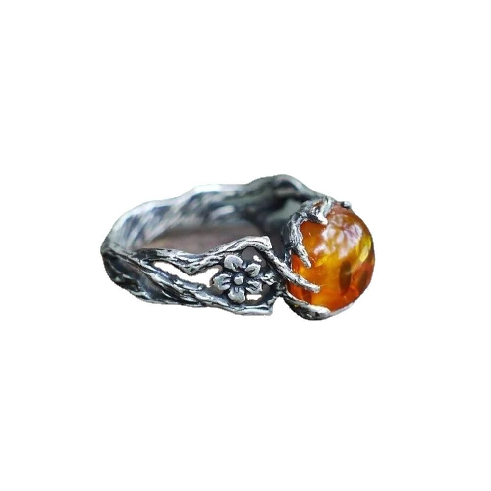 Retro Amber Stone Flower Branch Ring for Women | Vintage Fashion Party Jewelry