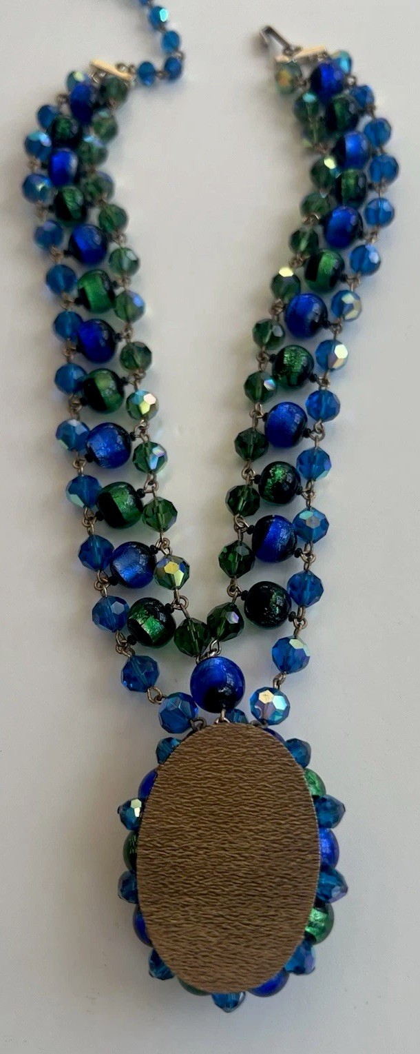 GORGEOUS VTG STATEMENT DESIGNER NECKLACE VENETIAN FOILED BLUE/GREEN GLASS BEADS