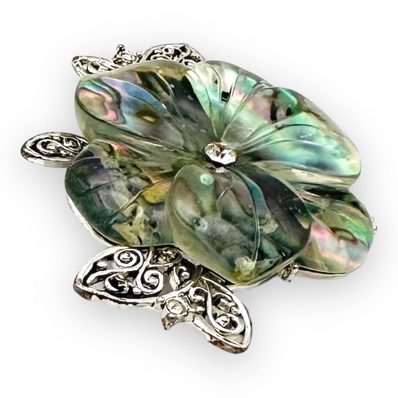 Vintage Lucite Cellulose Acetate Flower Brooch Rhinestones Faux Abalone MCM