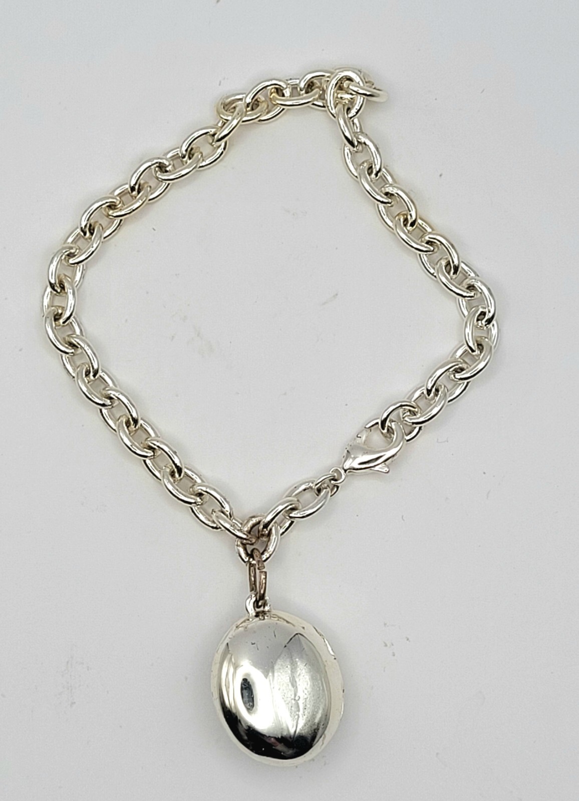 Vintage Silver Tone Chunky Chain Bracelet with Oval Enamel Locket & Blue Crystal