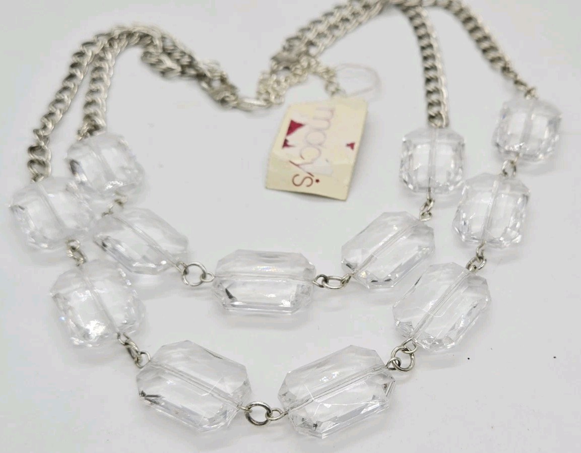 Clear Lucite Layered Necklace Silver tone Art Deco Link Chunky Macy’s 21 in