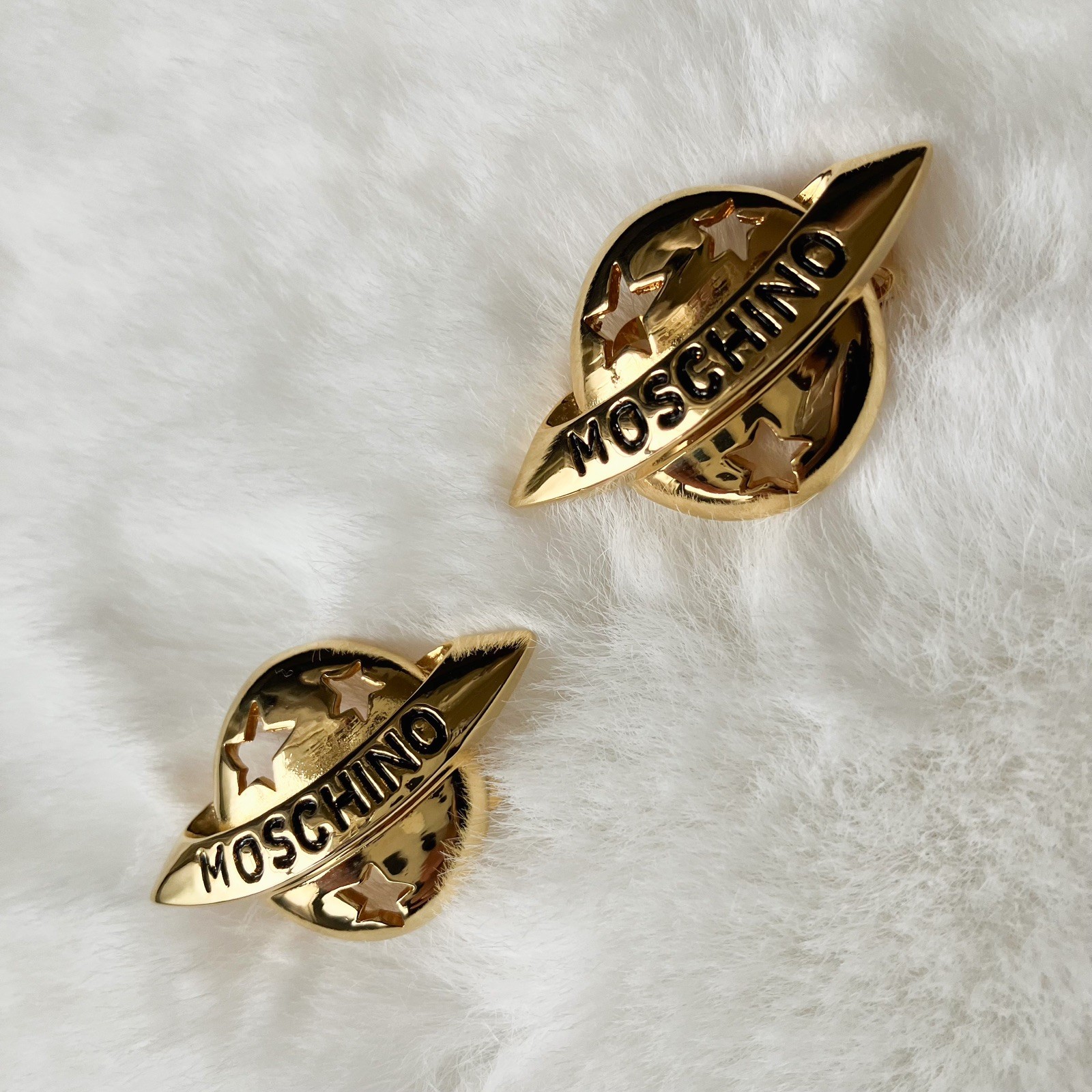 vintage Moschino Logo Planet Saturn Clip On earrings Gold Tone Japan exclusive