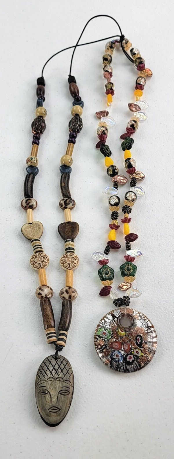 African Ethnic Carved Face Pendant And Glass Millefiori Beaded Necklace Lot Of 2