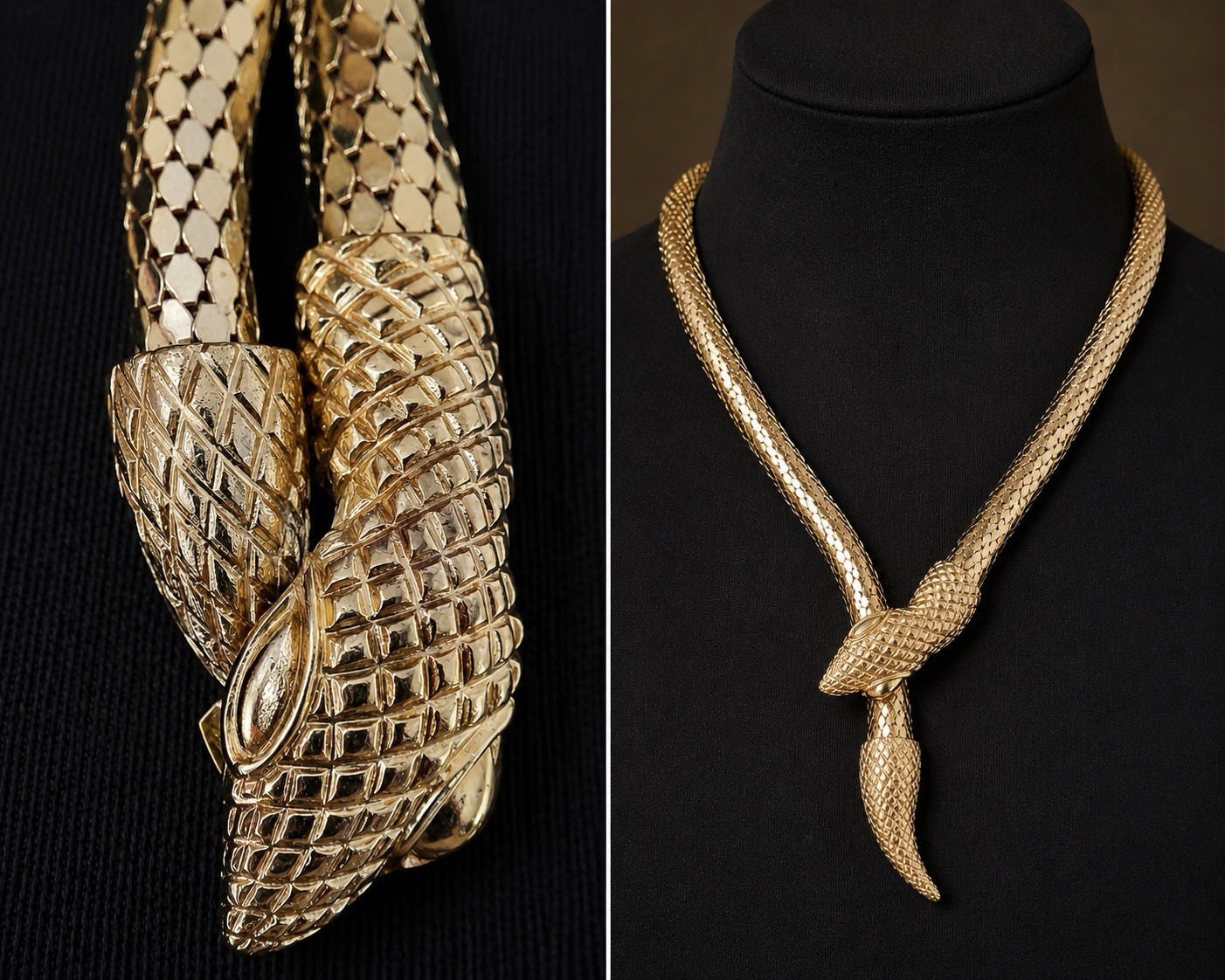 Whiting & Davis Mesh Snake Lariat Necklace in Gold Rare Diamond Crosshatch Vtg