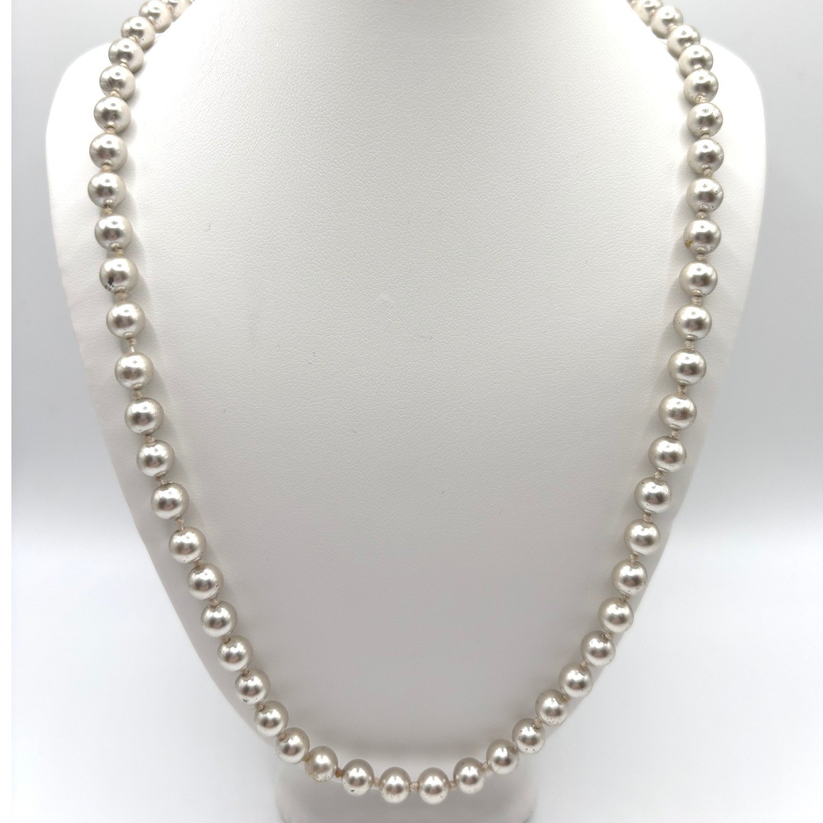 Monet Vintage Faux Pearl Strand Necklace Champagne Silver Tone Signed Clasp 30in