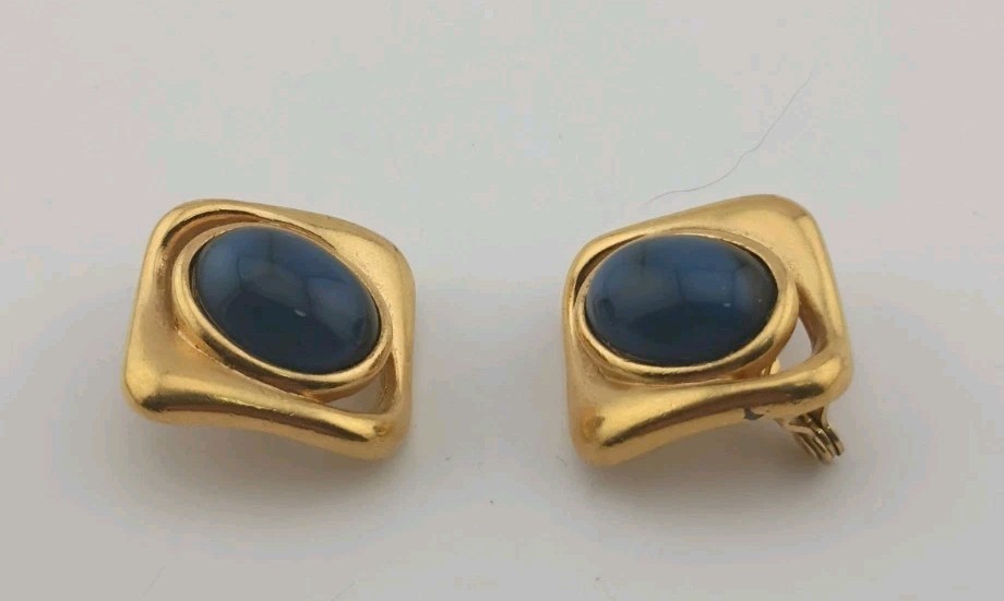 Vintage YSL Yves Saint Laurent Gold Tone Blue Cabochon Pierced Clip Earrings…