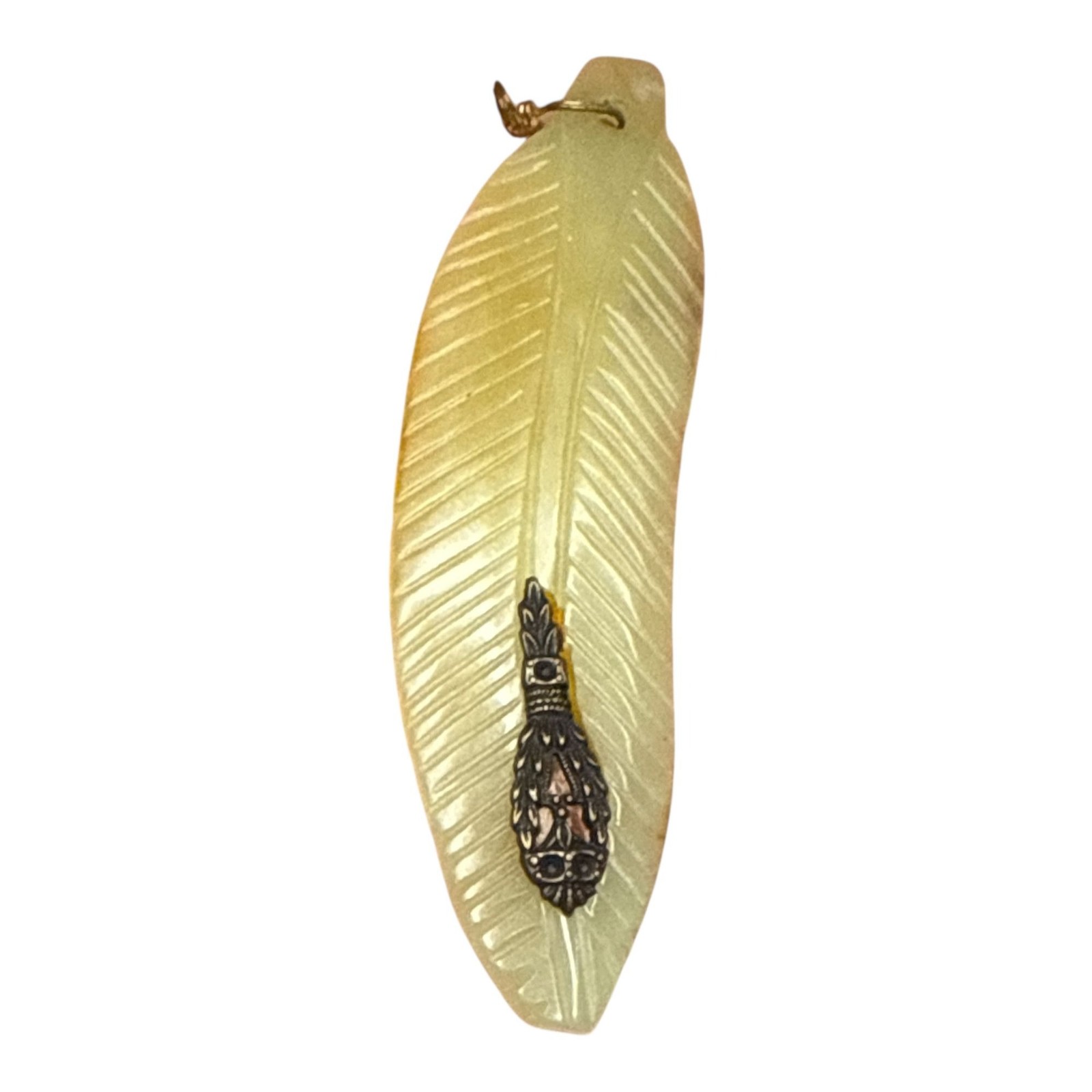 Vintage Jadeite Feather Pendant Carved Leaf Green Jade Lucky Charm