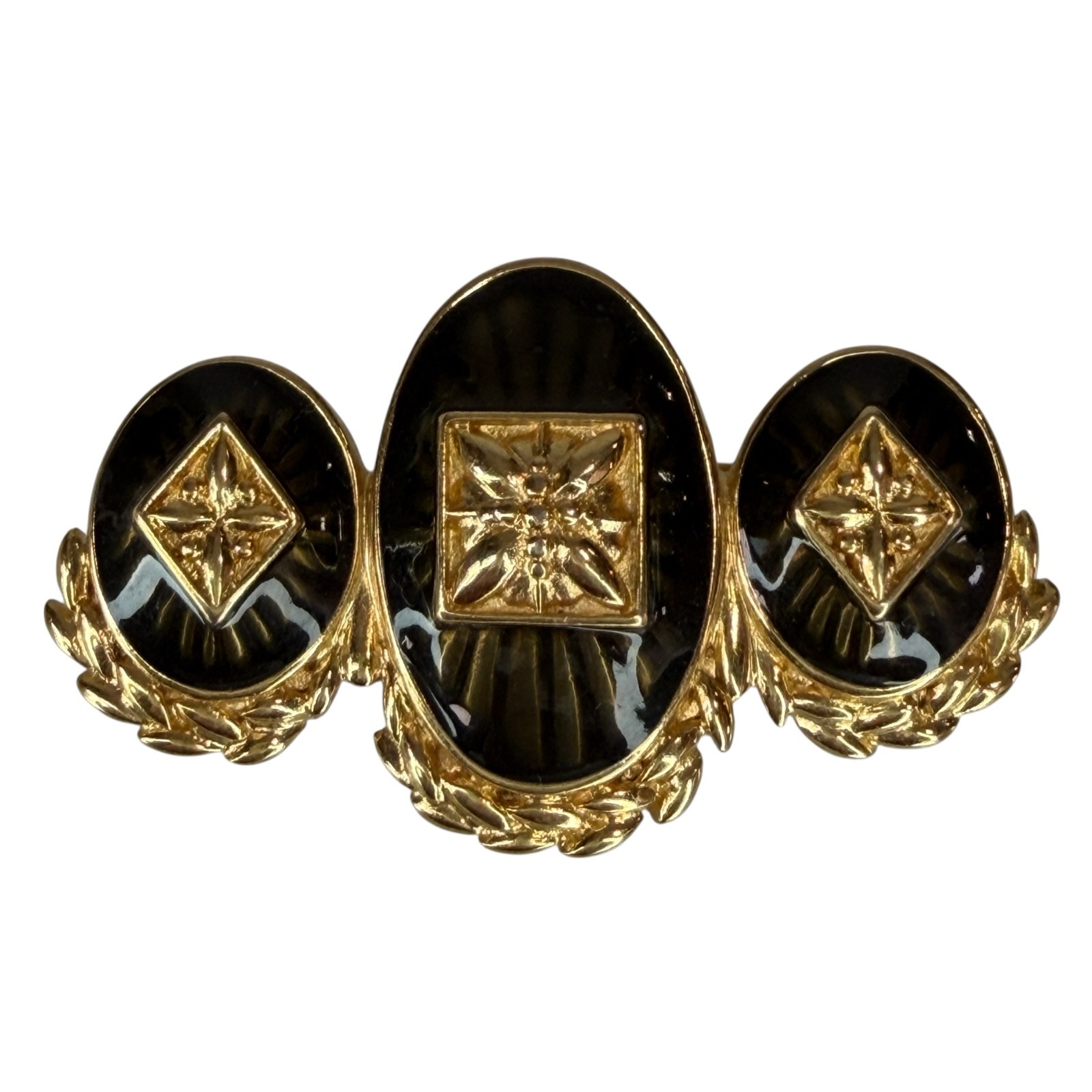 Monet Black Enamel and Gold Tone Three ovals bar Vintage Brooch Signed