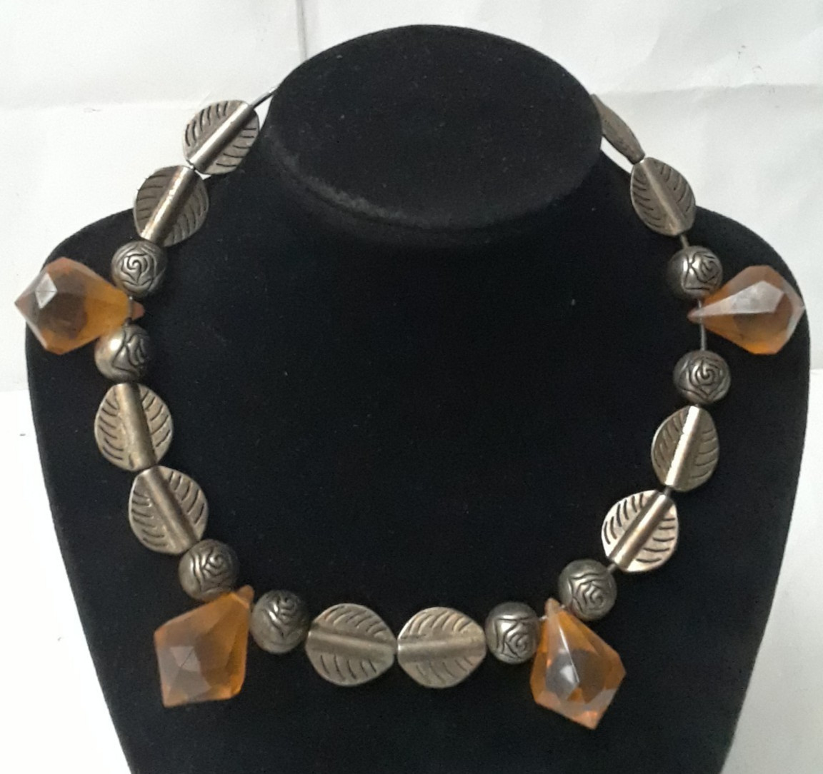 Vintage Handmade Silver Tone Chocker Necklace with Amber Beads 10 in