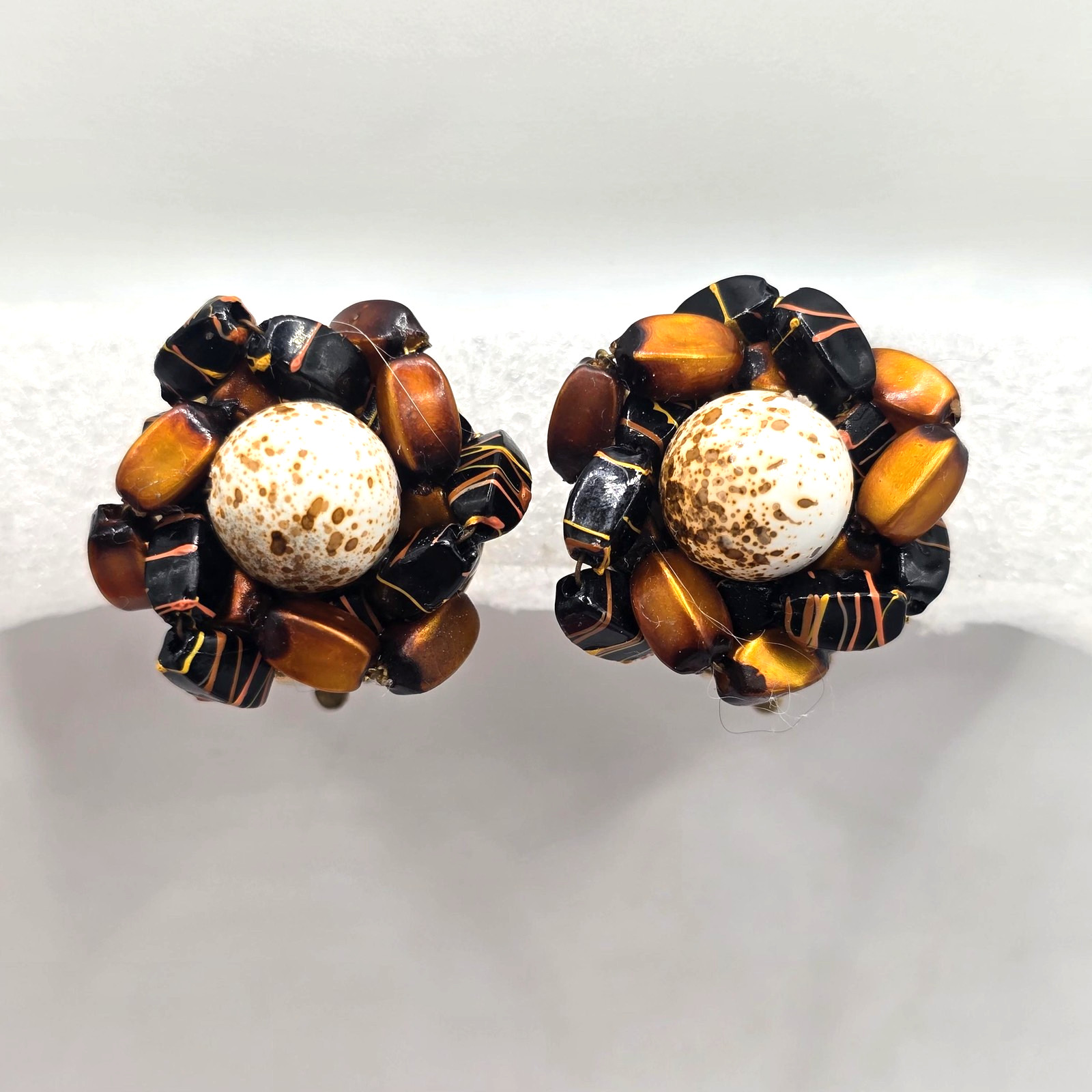 Earrings Dragon Beads Tiger Eyes Earrings Chips Hand Strung Vintage Clip On