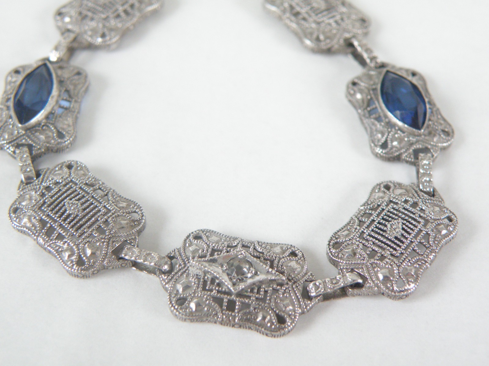 Art Deco Sterling Silver Sapphire Paste Filigree Station Antique Bracelet 7.5″