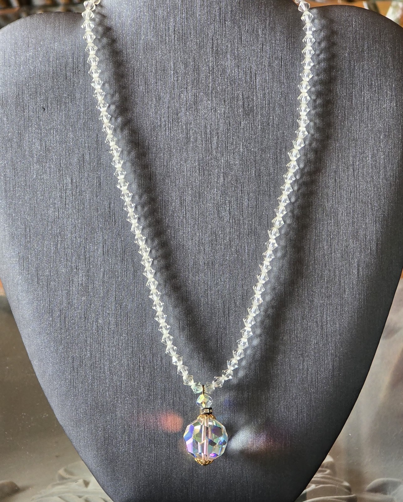 CZECH AURORA BOREALIS CRYSTAL BALL w CRYSTAL CHAIN PENDANT NECKLACE☆FILIGREE CAP