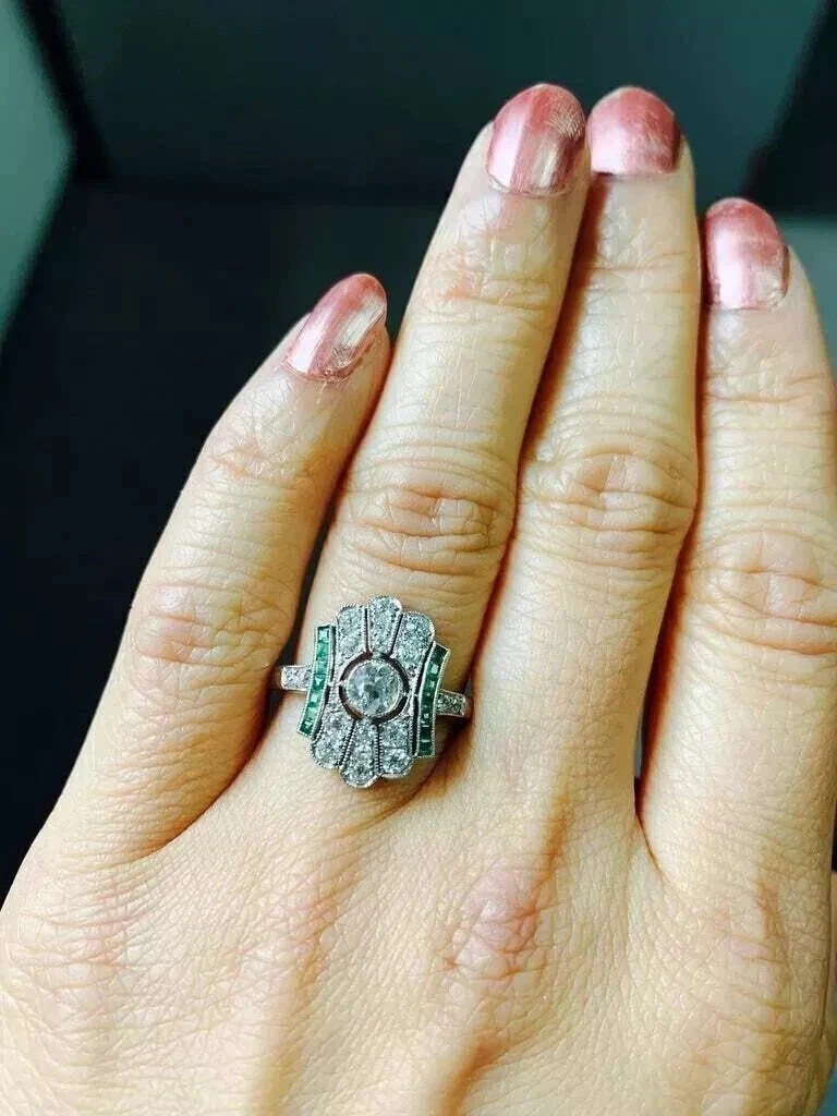 3.2Ct Art Deco Lab Created Diamond & Emerald Engagement 14K White Gold FN Ring
