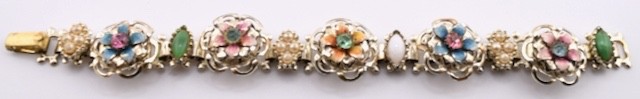 Vintage 3D Enamel Flower Rhinestone Panel Bracelet Bookchain