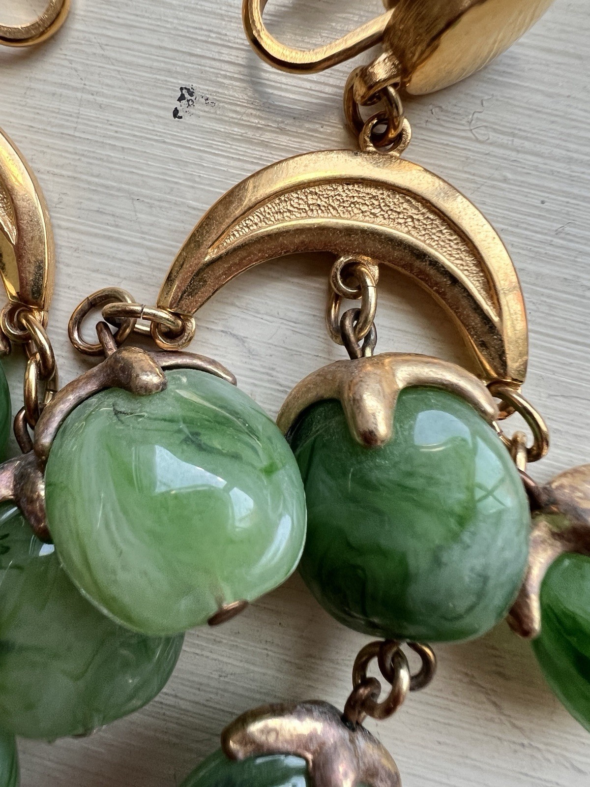 Vintage Crown Trifari Waterfall Faux Jade Lucite Gold Tone Dangle Clip Earrings