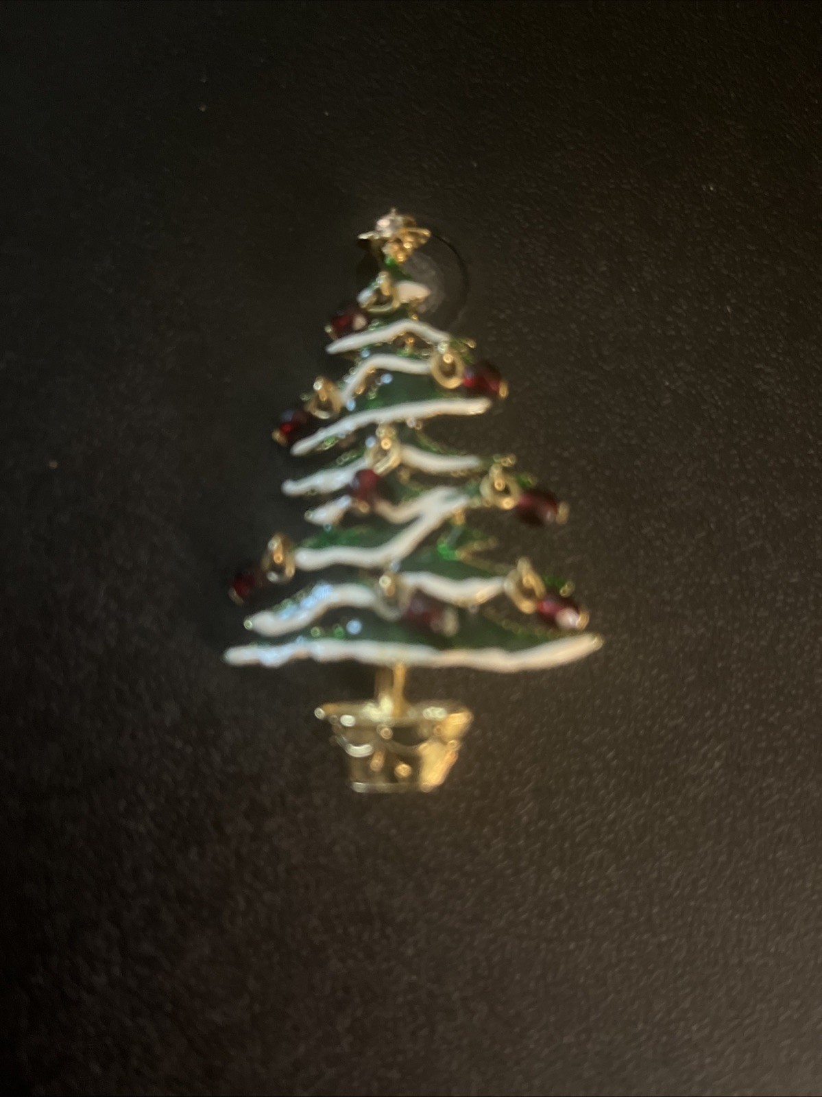 Avon Green Enamel Red Crystal Dangle Ornament Gold Tone Christmas Tree Brooch