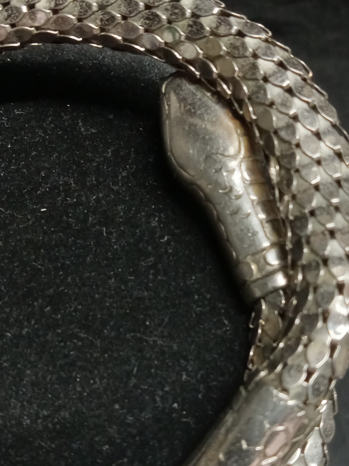 Vtg Silver Tone Snake Serpent Cobra Green Eyes 1 Coil Mesh Wrap Bangle Bracelet