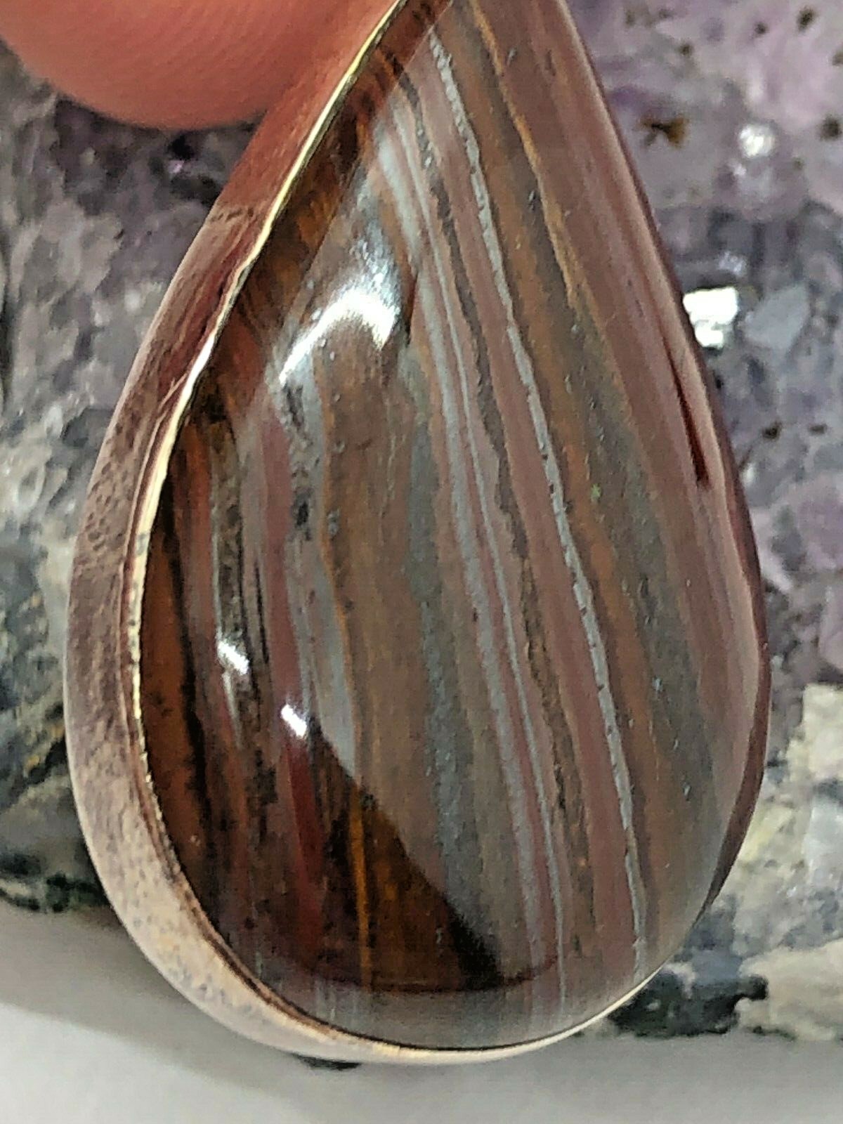 Vintage Sterling Silver Tiger Iron Rose Quartz Teardrop Pendant 8.2 Grams